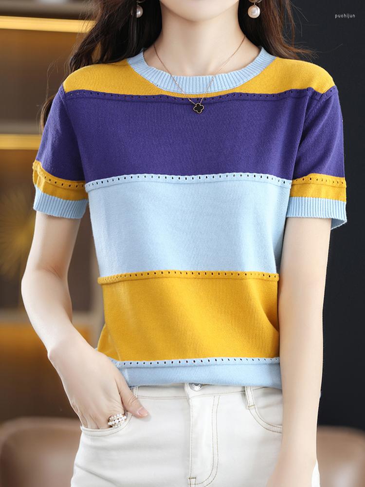 

Women's T Shirts Thin Knitted T-Shirts For Women Shirt Striped Short Sleeve Tee Femme Summer Tops Tshirt Korean Style Clothes Camisetas, Blue