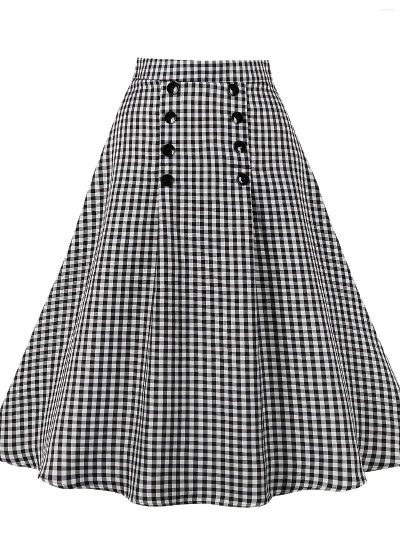 

Skirts Vintage Plaid Print High Waist Ruffled Hem - Stylish & Loose Mid Length For Women, Black