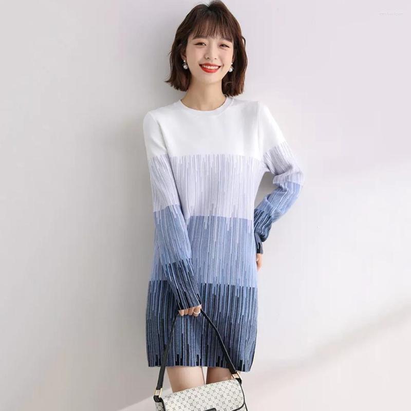 

Women' Sweaters Women Sweater Dress Autumn Winter Casual Fashion O-Neck Vertical Stripes Basic Knitting Loose Pullover Knitwear Blue