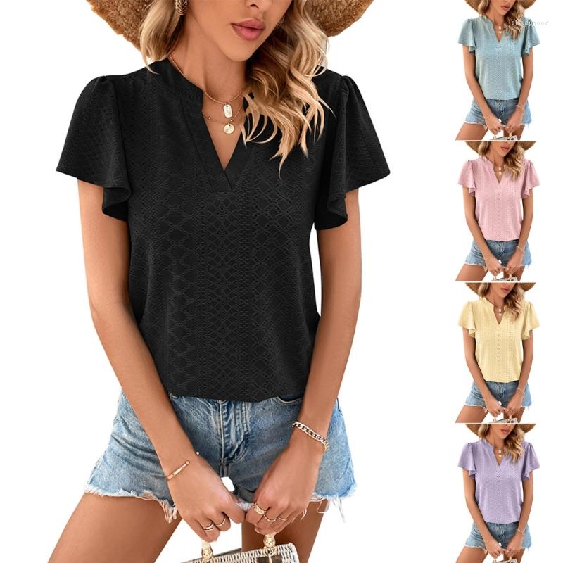 

Women' T Shirts Womens Casual Short Sleeve Ruffle Summer Tops V Neck Loose Solid Color Hollow Blouse, Black