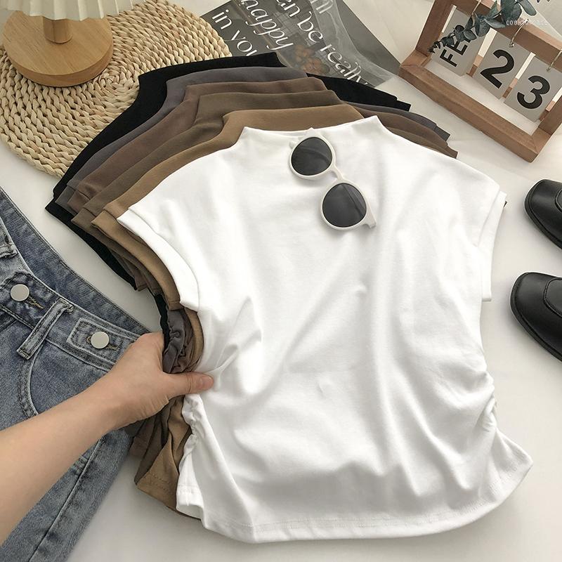 

Women's T Shirts Half Turtleneck Sleeveless T-shirt For Women 2023 Summer Fashion Solid Color O-neck Slim Pullover Tops Chic All-match Short, Black