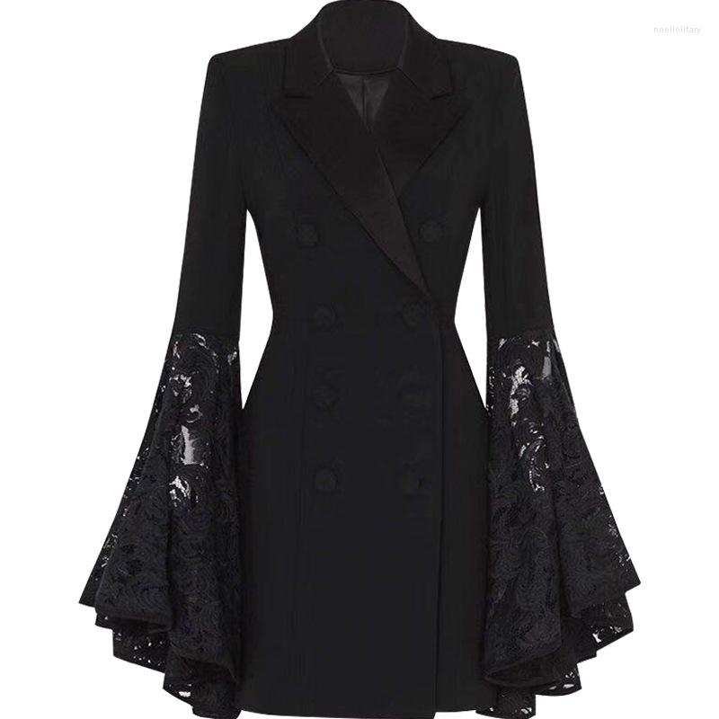 

Women' Suits Suninheart 2023 Women' Black Fashion Lace Stitching Long-sleeved Trumpet Sleeve Jacket Small Suit Female Design Sense