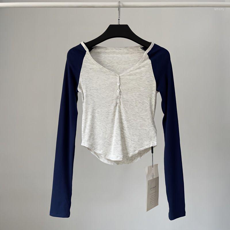 

Women's T Shirts BEENLE Spring Girl Sexy Dew Collarbone Collision Color Sports T-shirt Top American Short Style Long Sleeves Bottoming Shirt, Deep grey