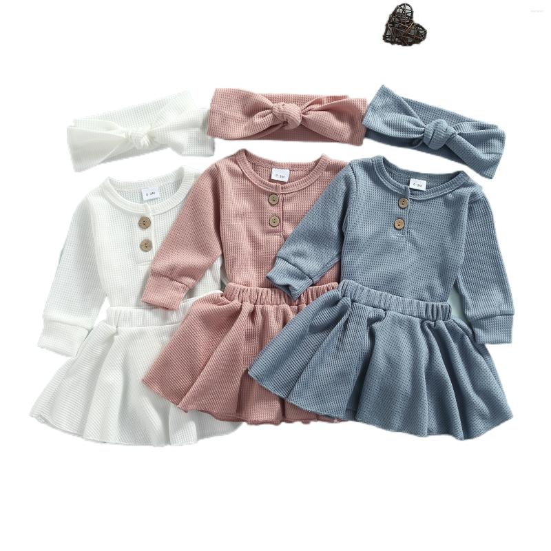 

Clothing Sets 3PCS Born Baby Girl Clothes Waffle Solid Color Long Sleeve Romper Tutu Skirt Headband Outfits Fall Children's