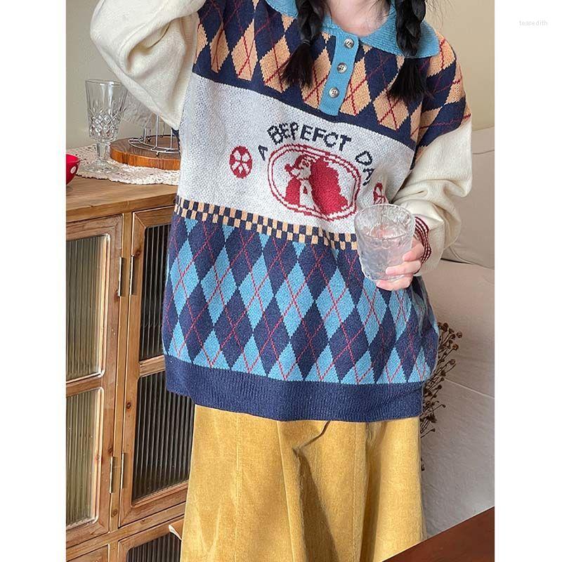 

Women's Sweaters Preppy Style 2023 Argyle Polo Collar Pullovers Female Autumn Winter Leisure All-match Ugly Jacket Ladies Tops Year, Blue