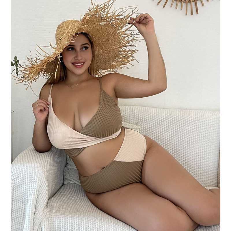

Women's Plus Size Swimwear Women's Plus Size Color Block Wrap Tie Back High Waisted Bikini Bathing Suits 2 Piece Swimsuit Z0508