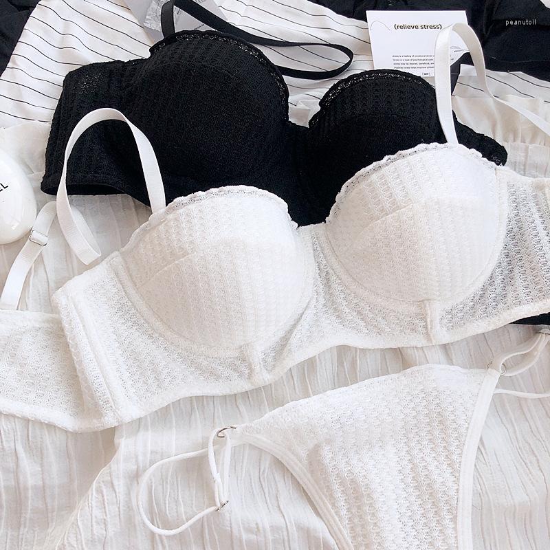 

Bras Sets Simple Cute Candy Color Lingerie With Briefs Women Sexy Half Cup Thin Soft Steel Ring Underwear Set Girls Bra Push Up Large Size, As picture show