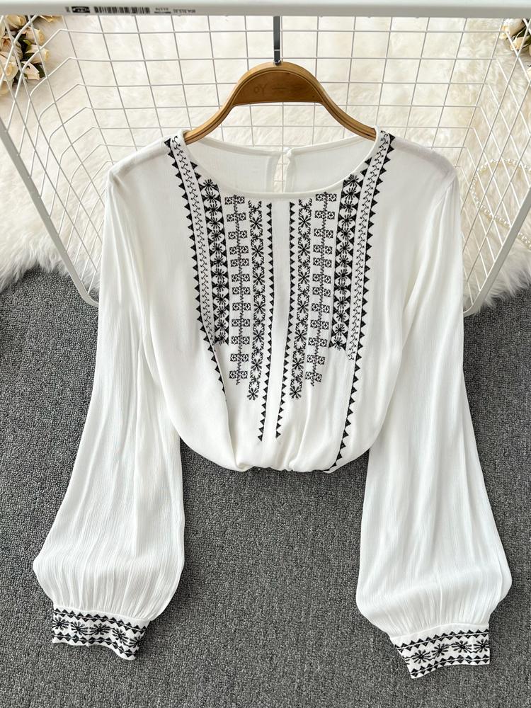 

Women's Blouses Fashion Versatile Embroidery Shirt Spring Autumn 2023 V-Neck Long Sleeve Bohemian Loose Blouse Womens Tops G07, Blue