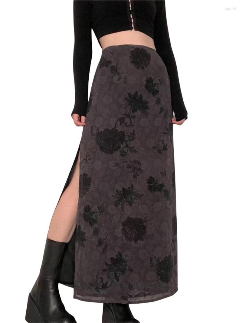 

Skirts Women  Punk Daily Half Skirt Retro High Waist Floral Print Side Slit Ankle Length A-Line Long Gothic Clothes, Gray
