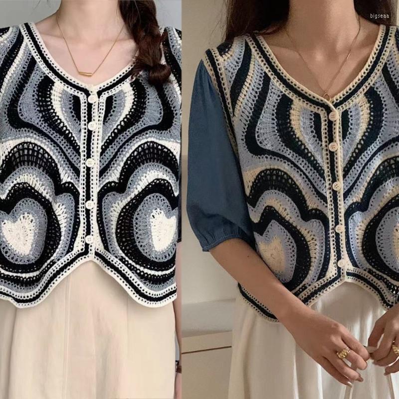 

Women's Blouses Women Sweet Chiffon Puff Half Sleeve Blouse Cardigan Hollow Out Crochet Knit Floral Button Down Crop Top Shirt Jackets, Blue