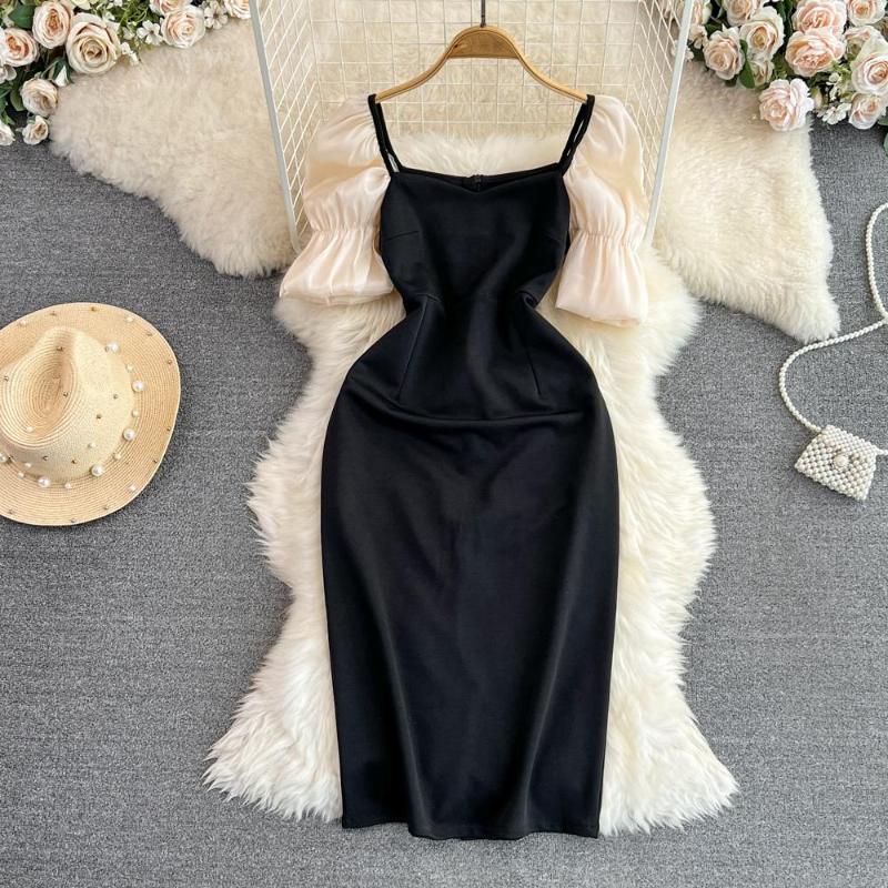 

Party Dresses Summer Korean Retro Temperament Contrast Color Bubble Short Sleeve Wrapped Waist Slim Mid Length A-line Dress, Black