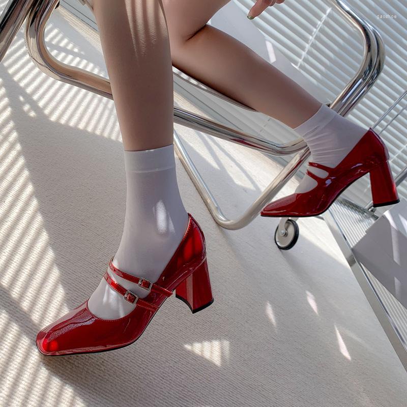 

Dress Shoes 2023 Style Red For Women Double Thin Strap Buckle Design High Heel Mary Jane Shiny Leather Anti-skid Party Pumps