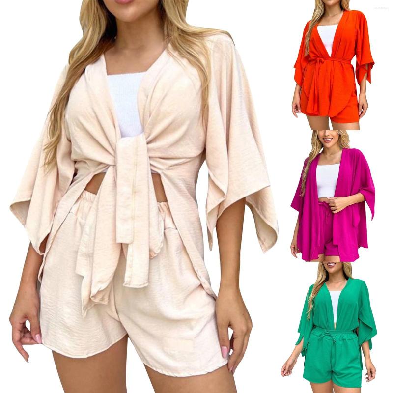 

Women's Tracksuits Elegant Irregular Flared Sleeve Lace Up Shirts Shorts Women Summer Casual 3/4 Cardigan Streetwear Sports Two Piece Set, White