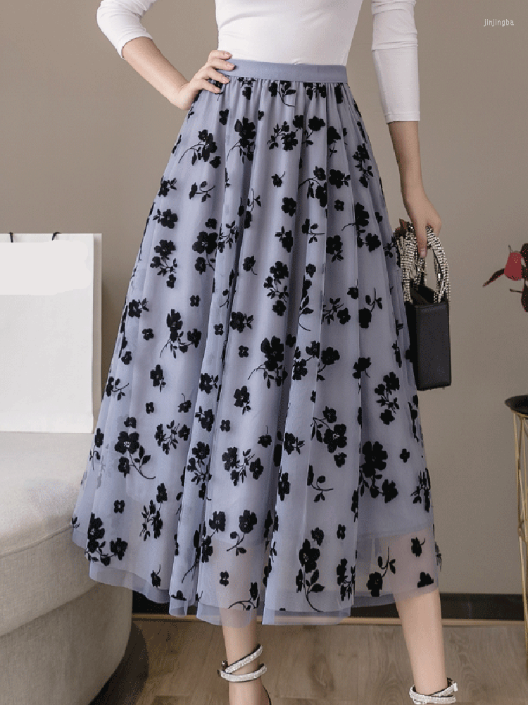 

Skirts Print Midi Skirt Women Elastic High Waist Korean Fashion Clothing Tulle Womens Summer Female Faldas Mujer Moda 2023, Blue
