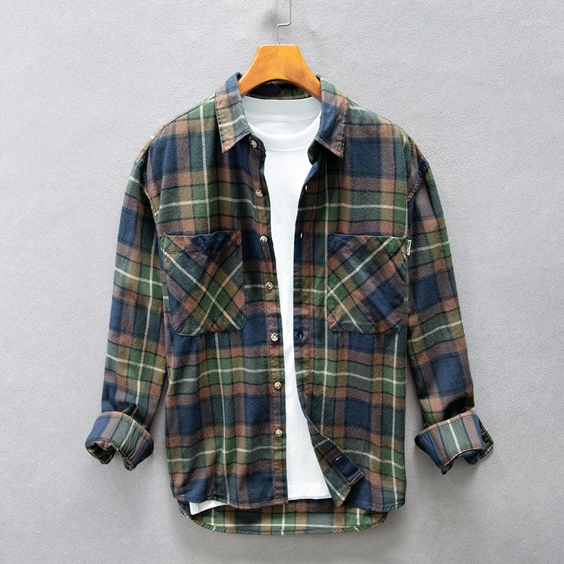 

Men's Casual Shirts Cotton Red And White Plaid Shirt 2023 Spring Autumn Vintage Large Size Fashion All-match Men's Coat, Red and blue