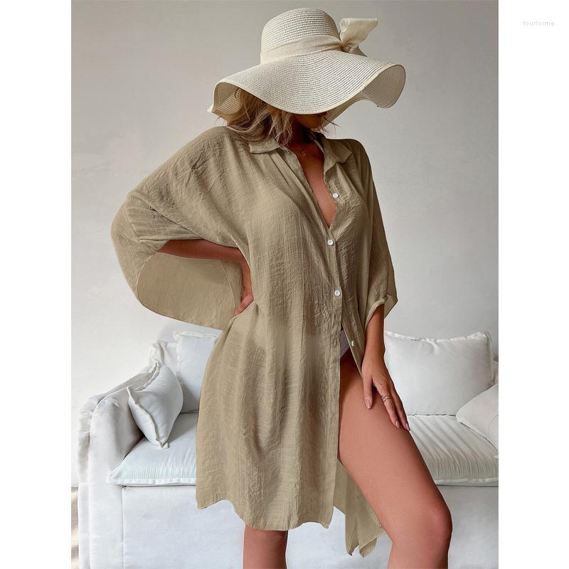 

Women's Swimwear Women's Sunscreen Beach Top Fashion Sexy Solid Color Bikini Concealer Blouse Coat Bohemian Style Long Sleeve Cardigan, Khaki