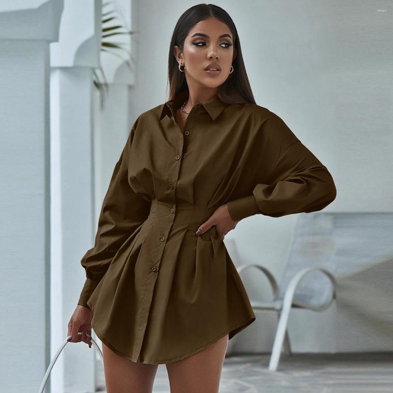 

Casual Dresses Dress Shirt Women Mong Streetwear Crumple Tunic Sexy Mini Aesthetic White Black Khaki Corset Chic Female Blouses & Shirts
