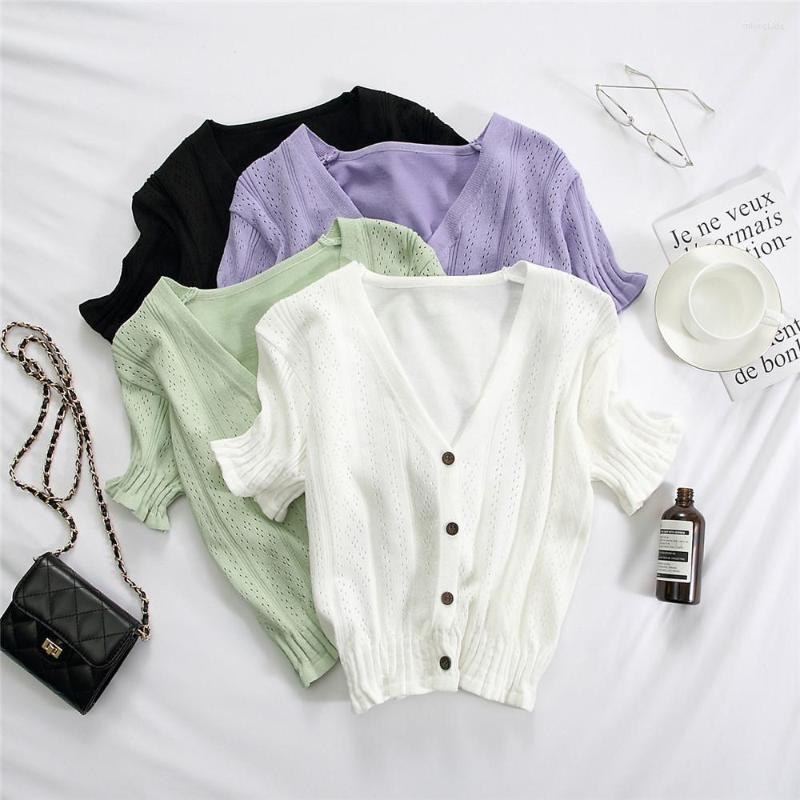 

Women's T Shirts Women Knitted T-shirts V-Neck Button Up Tops Roupas Feminina Short Sleeve Tees Casual For 2023 Summer, Green