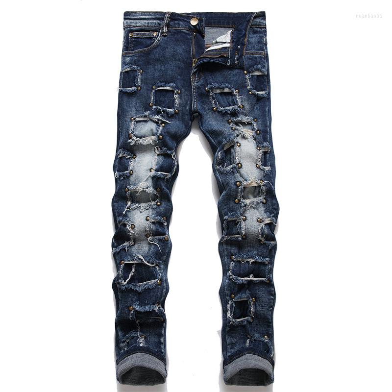 

Men's Jeans 2023 Fashion Men's Punk Patchwork Rivet Stoashed Straight Denim Pants Trousers Male Jean Hombre, 3377
