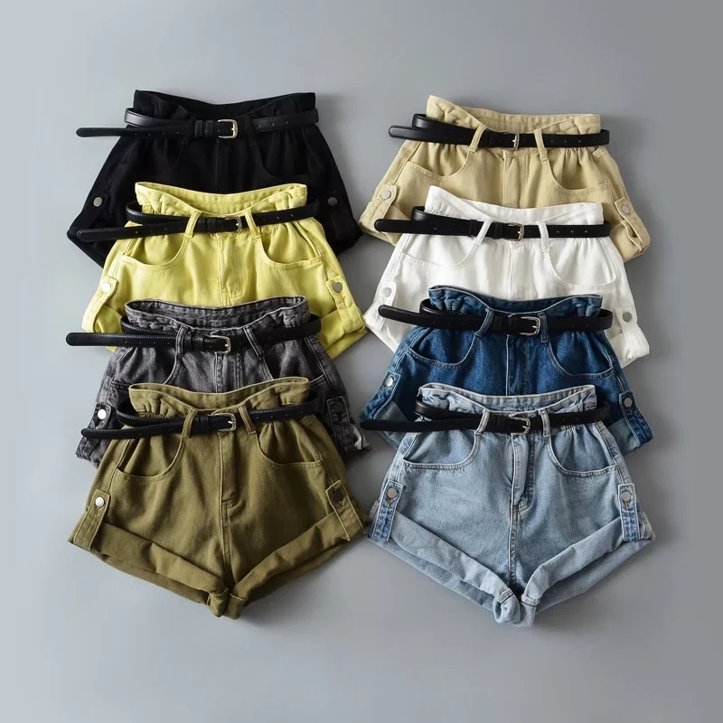 

Women's Shorts Summer belt black denim shorts women jrans pants streetwear high waisr mini shorts casual shorts for women 230509, Light yellow