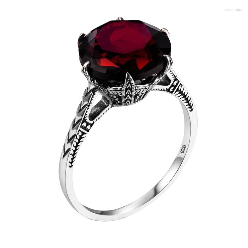 

Cluster Rings Dark Red Garnet For Women Real 925 Sterling Silver Flower Charms Brand Wedding Engagement Jewelry Anniversary Gift
