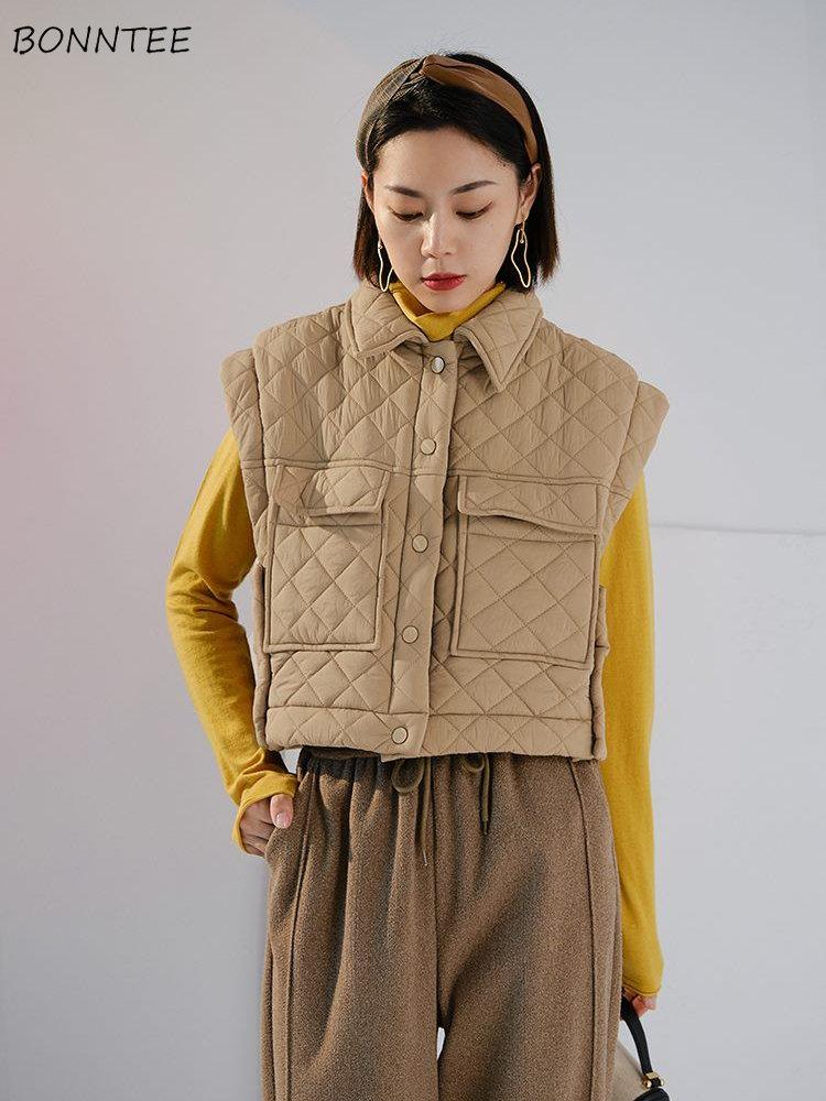 

Leather Basic Winter Vests Women Safari Style Vintage BF Streetwear Simple Solid Office Ladies Warm Thicken Allmatch Overcoats Popular, Apricot vest