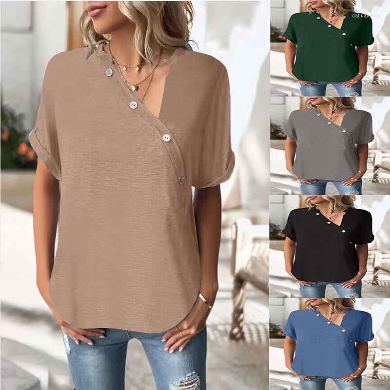 

Women' T Shirts Solid Color Button Fashion Blouses Women Irregular V-Neck Short Sleeve Loose Summer Casual Streetwear Tops Oversized