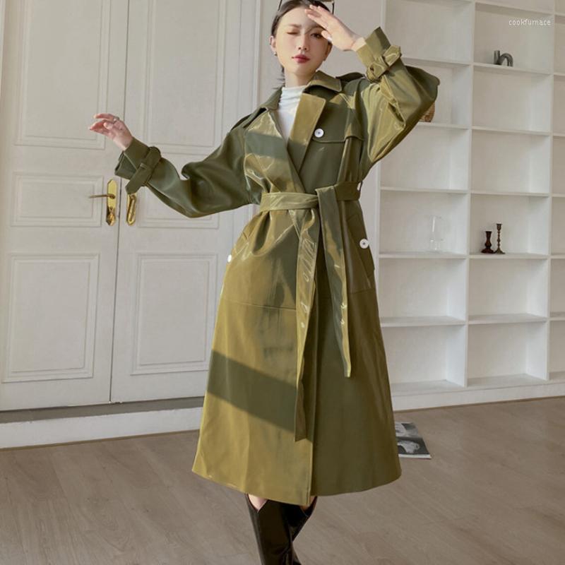 

Women' Trench Coats Women' Coat PU Leather Long With Belt Double Breasted Bright Solid Color Outerwear Casual Loose Elegant