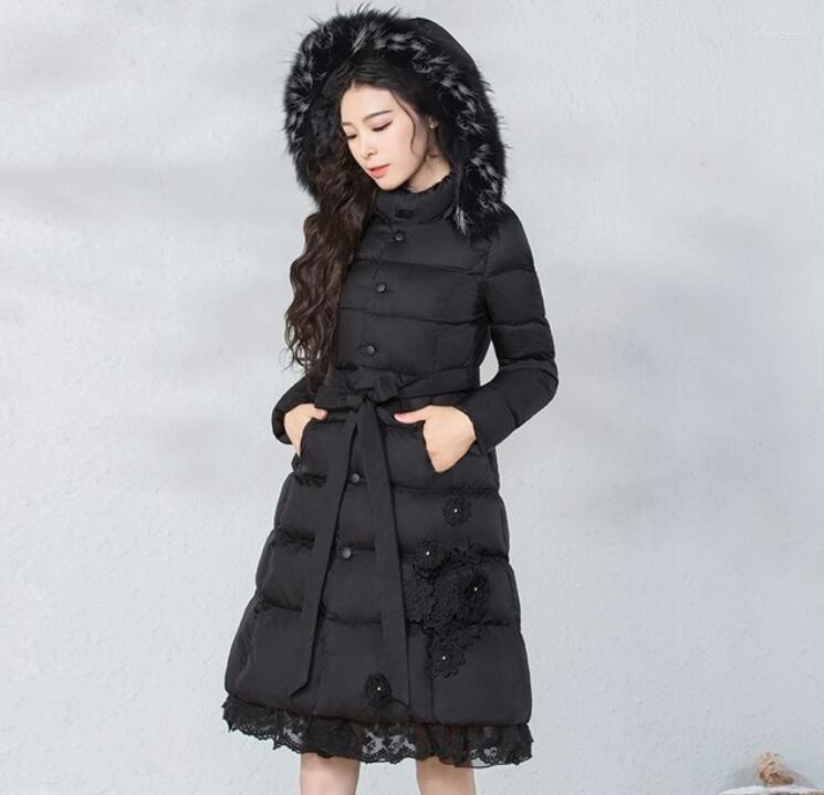 

Women' Trench Coats Autumn Winter Coat Women' Clothes 3D Flowers Raccoon Collar Long Black Down Parkas Ladies Real Fur Hooded Overcoat