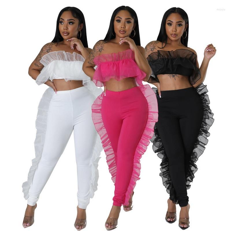 

Women' Two Piece Pants Sexy Women Summer 2 Set Ruffled Cropped Tube Tops And Slim Long Suits Night Club Streetwear Outfits, Black