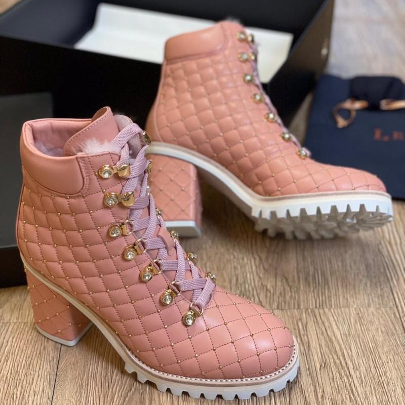 

Boots Genuine Leather Ankle Woman Round Toes High Heels Pink Shoes Snow Zapatos De Mujer, Picture shown