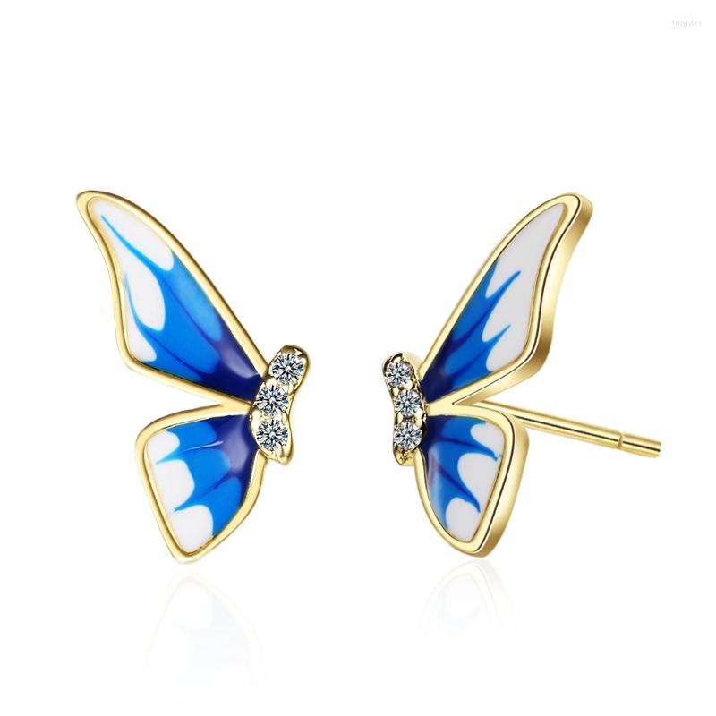 

Stud Earrings Real 925 Sterling Silver Fashion Blue Enamel Insect Butterfly Shiny CZ For Women Wedding Party Fine Jewelry DA2713