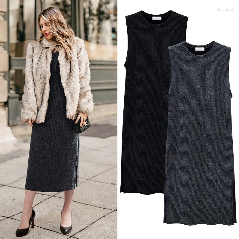 

Casual Dresses Women Knitting Stretch Sweater Sleeveless Dress Winter Female Vestido Clothing Robes O-neck OVL1020, Black