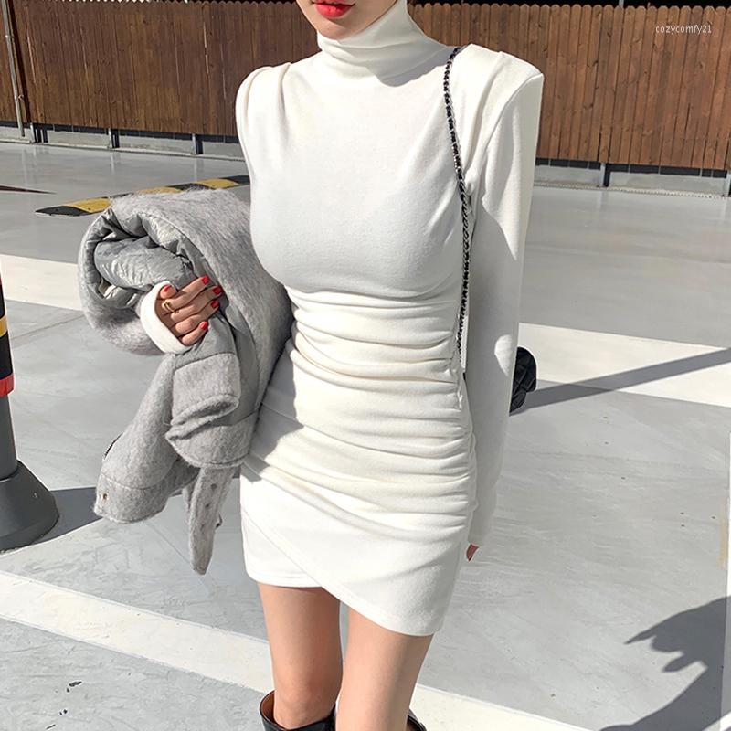 

Casual Dresses White Mini Dress Women Elegant Cotton Long Sleeve Turtleneck Bodycon Korean Style Womens Clothing Vestidos Mujer, Black