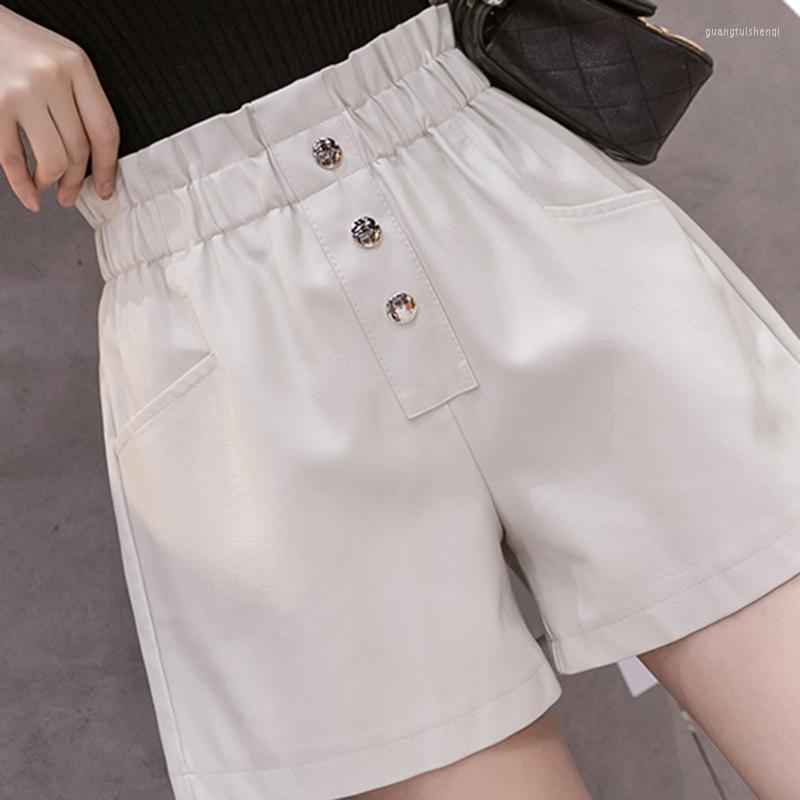 

Women' Shorts Fashion Pu Leather Woman High Quality Wide Leg Faux Elastic Waist 2023 Autumn Winter Short Pants, Black