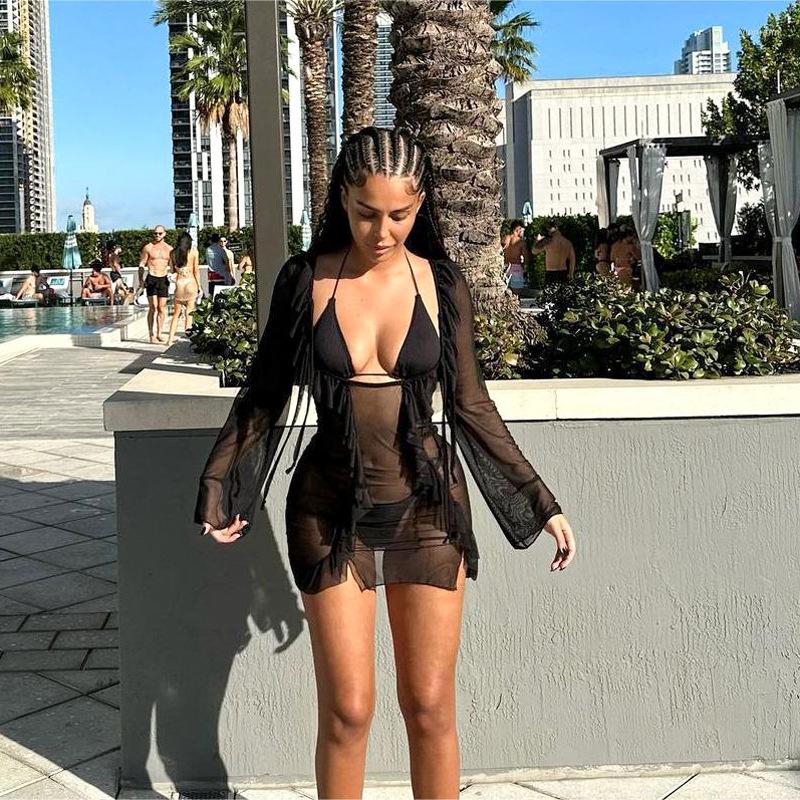 

Casual Dresses Sexy Cut Out Chest Mesh Mini Dress Summer Ruffled See Through Cover Party Clubwear Women Long Sleeve Bodycon Beach Wear, Black