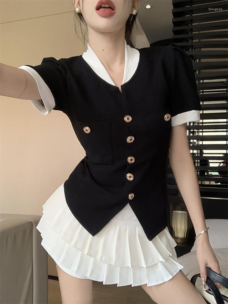 

Work Dresses Sweet Girl Suit Women' Slim Fit Contrast Short-sleeved Shirt Coat High Waist Pleated Skirt Two-piece Set Fashion Female, White black