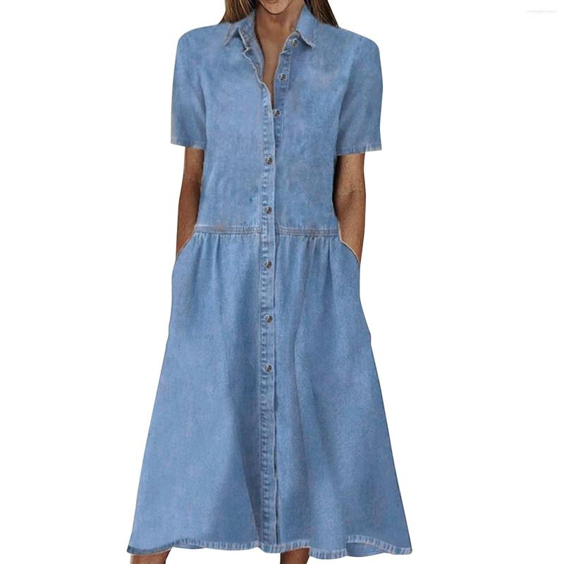 

Casual Dresses Women' Fashion Multi Pocket Skirt Denim Summer Tunic Dress Womens Long Season, Light blue
