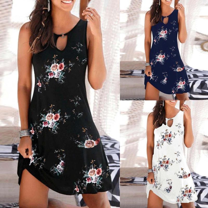 

Casual Dresses Women Beach Floral Round Neck Sundress Sleeveless Loose Tank Dress Long Sleeve For, Blue