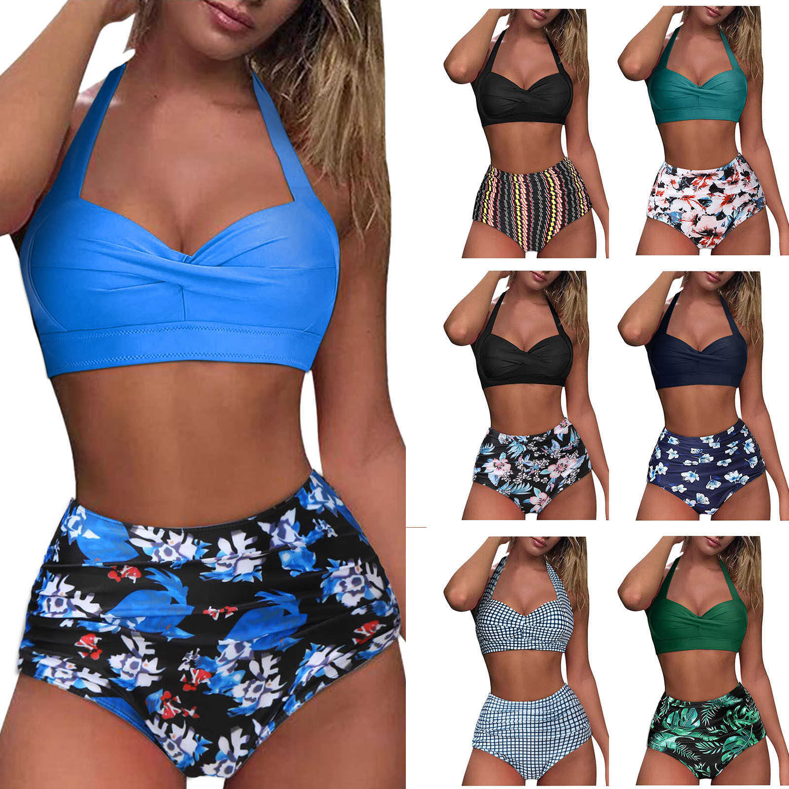 

Women's Plus Size Swimwear Women's Swimsuit 2023 Swimsuit For Women Plus Size Vintage Swimsuit Two Piece Retro Halter Ruched High Waist Print Bikini Set Z0508, Blue
