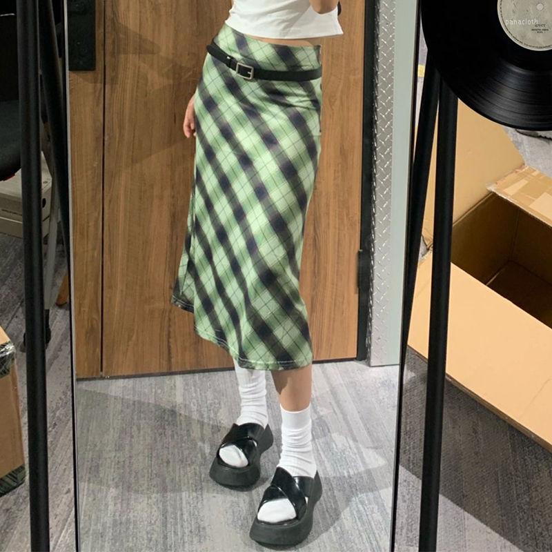

Skirts Korean Green Plaid Half Skirt Summer Slim High Waist Wrap For Women Casual Clothings Faldas Largas K729