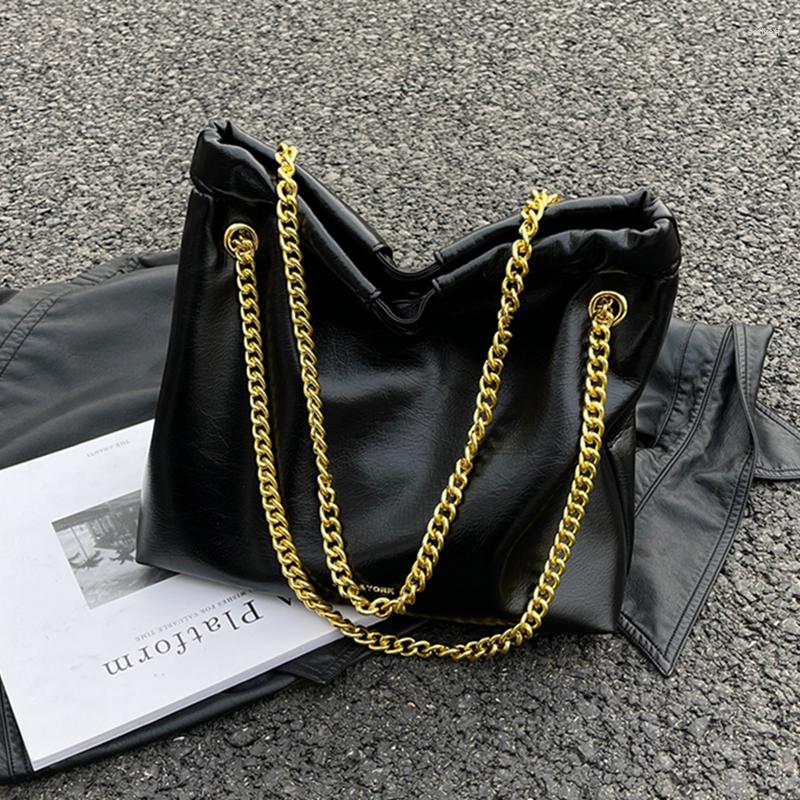 

Evening Bags Oil Wax Soft Leather Women Hobo Bag Metal Chain Lazy Shoulder Luxury Handbags Large Capacity Tote Fashion Croddbody, White