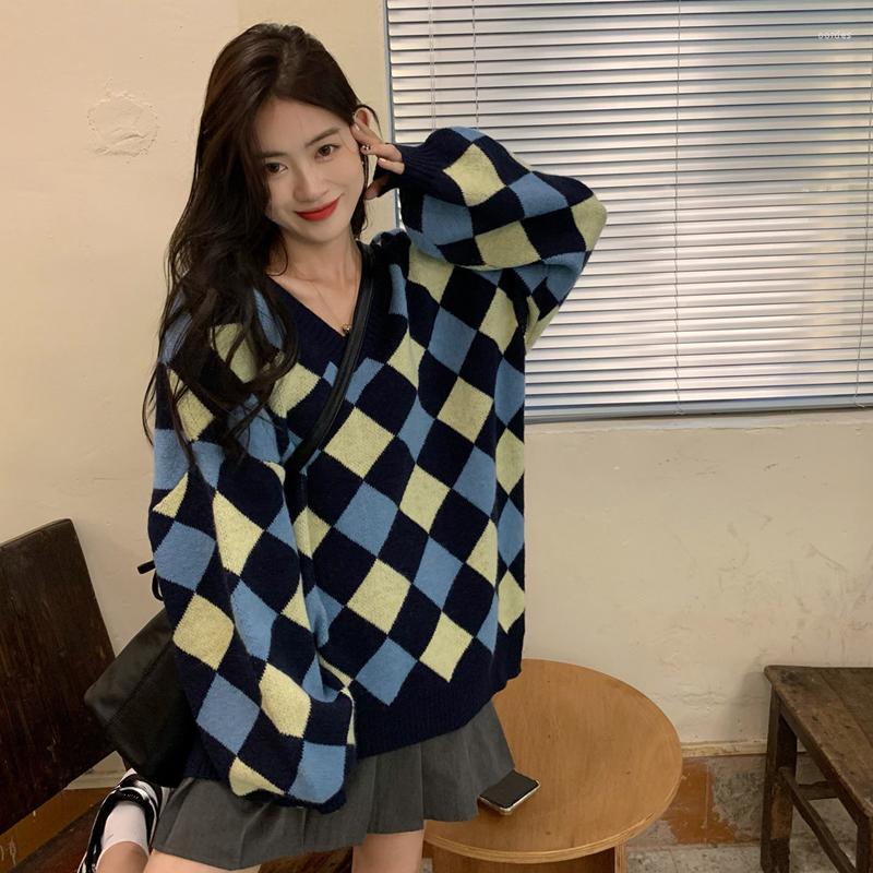 

Women's Sweaters Spring And Autumn Retro Loose Knit V-neck Diamond Women's Sweater, Picture shown