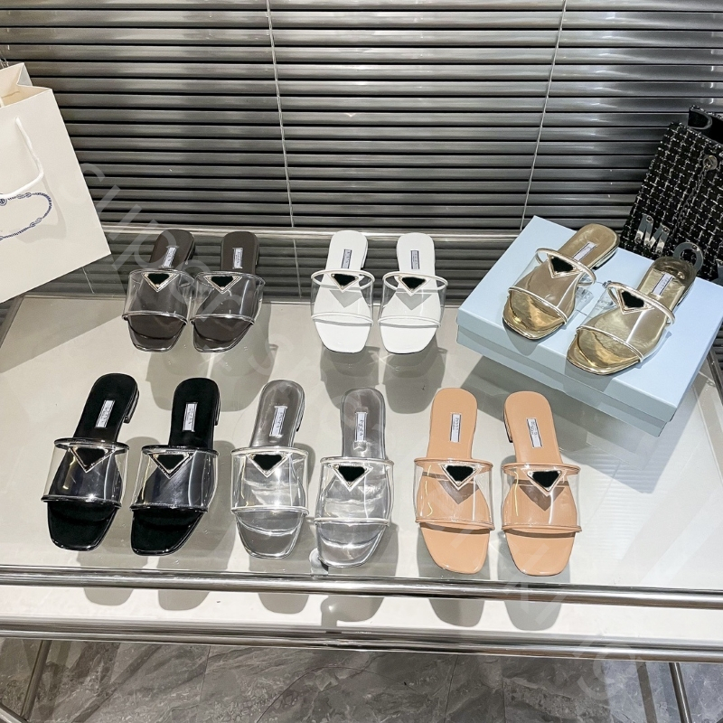 

New Women Slippers Triangle sign Summer Mules imported transparent PVC Slides Flip Flops soft breathable square head sandals full set bag box 35-42