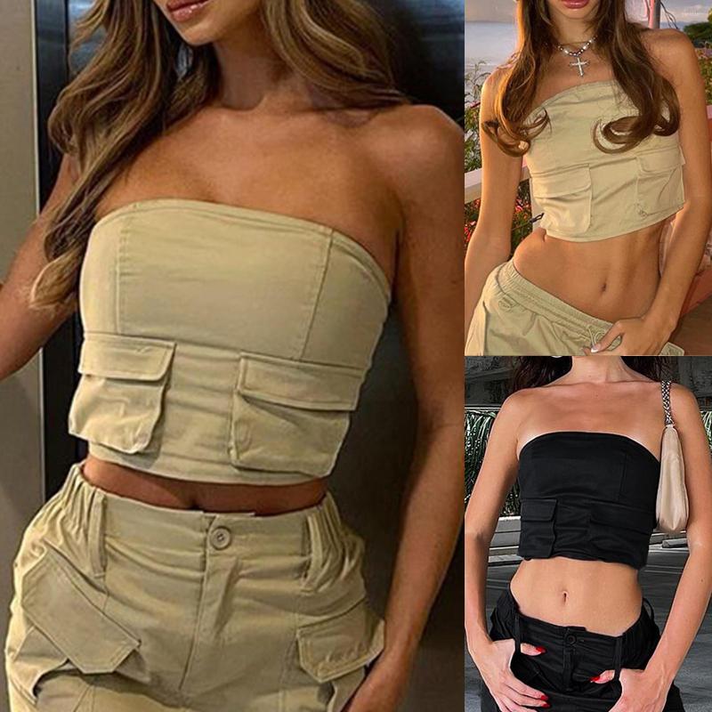 

Women' Tanks Summer Sexy Women Y2K Style Cropped Top Solid Color Off Shoulder Strapless Backless Tube Sleeveless Slim Streetwear, Khaki
