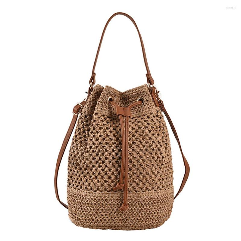 

Evening Bags Summer Women Handbags Drawstring Straw Beach Crossbody Adjustable Strap Fashion Casual Simple Portable For Weekend Vacation, Beige