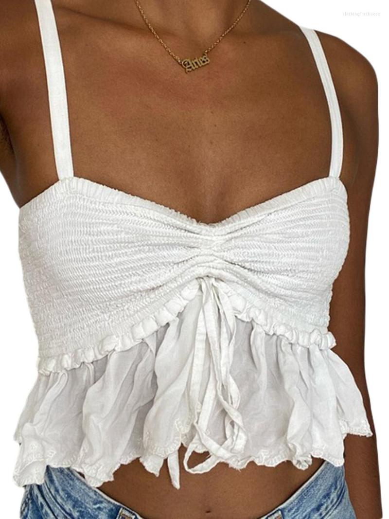 

Women' Tanks Women' Summer Mini Sling Vests White Sleeveless Lace Patchwork Ruched Crop Tops Female Sexy Camis Streetwear Y2k