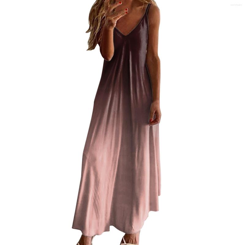

Casual Dresses Women Gradient Print Summer Fashion Low Neck Sleeveless Loose Bump Friendly Dress Long Beach For, Wine