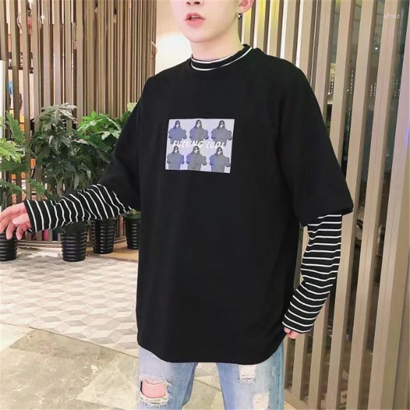 

Men's T Shirts 2023 Spring And Autumn Hong Kong Style Loose-Fit Long Sleeve Stripes Base Shirt Male Student'S Couples Joint Mock Two-Piece, White