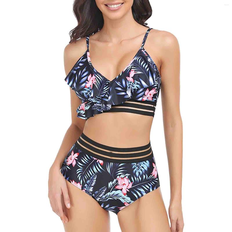 

Women' Swimwear Women Parent Child Swimsuit Family Outfits Printed Leaf Bands Black Bikini Split